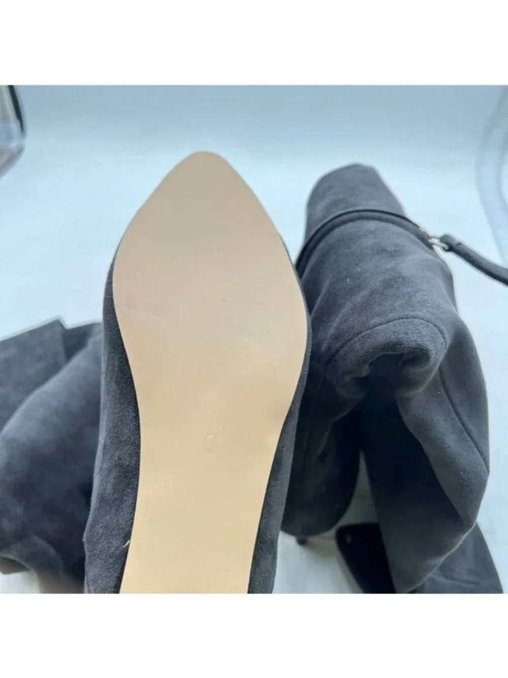YDN Women Pointed Toe Over The Knee High Stilettos Kitten Mid Heel Grey Suede